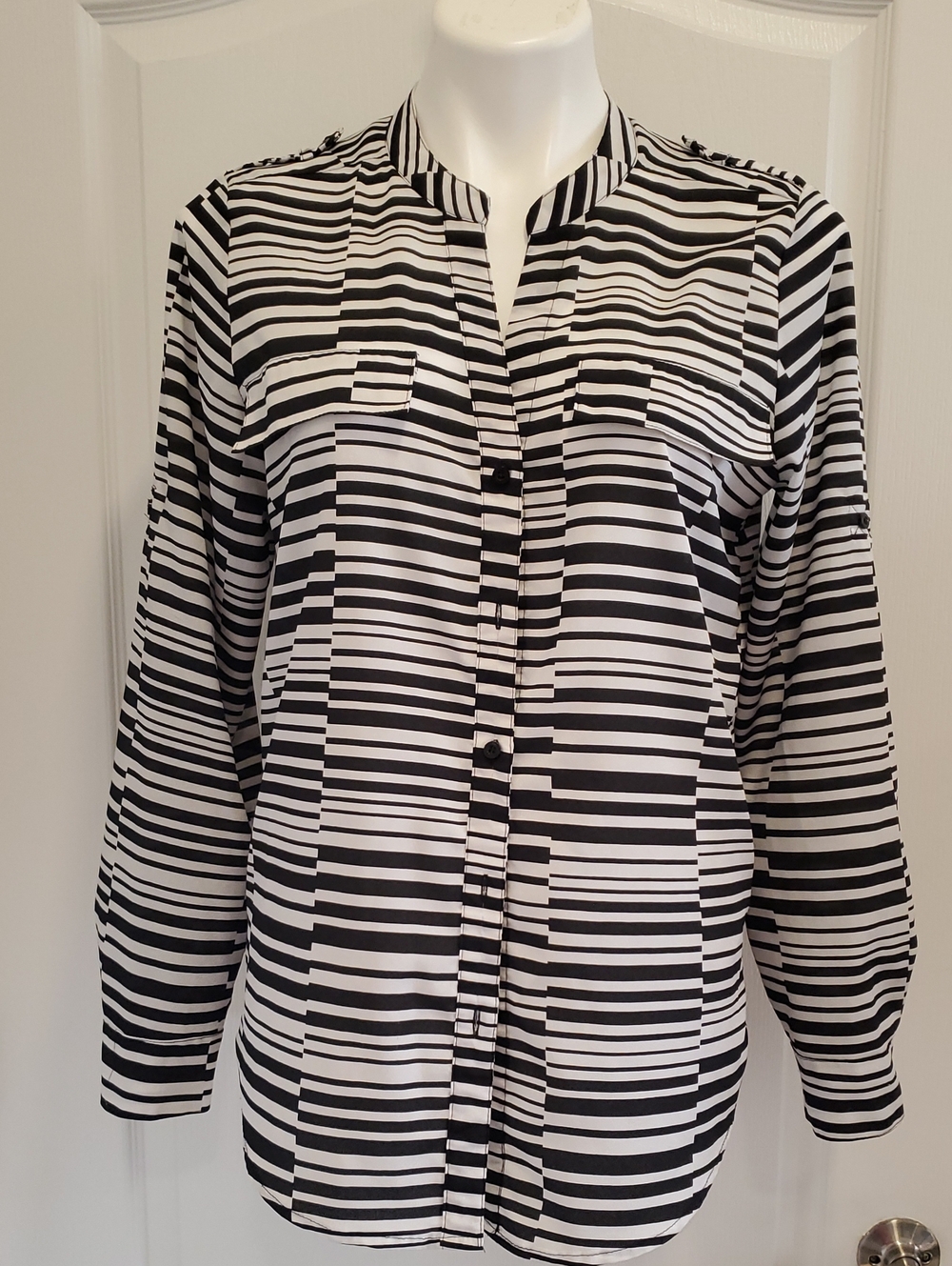 Calvin Klein Black and White Striped Button-Front Blouse